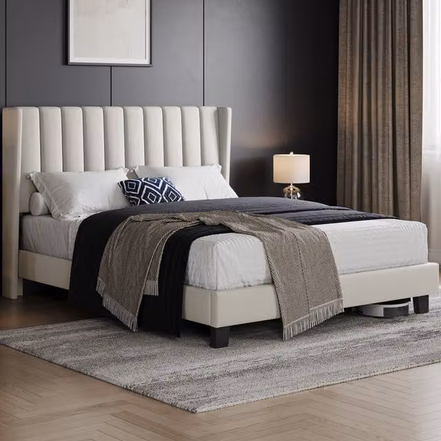 Yaheetech Upholstered Bed Frame with Channel Tufted Headboard in Beige, 180 x 200 cm
