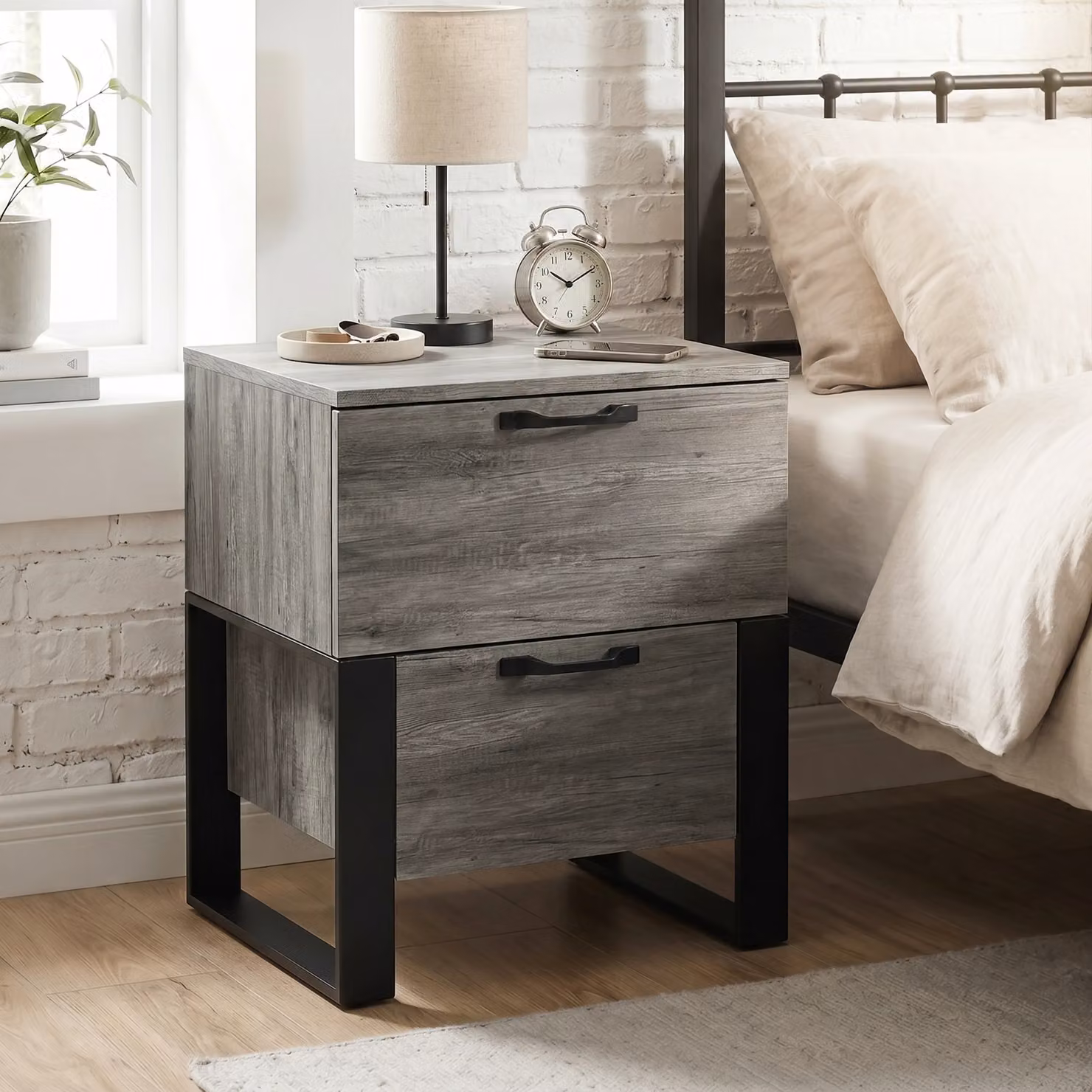 Millwright Industrial 2 Drawer Bedside Table in Grey and Black, W/D/H: 40 x 40 x 58 cm