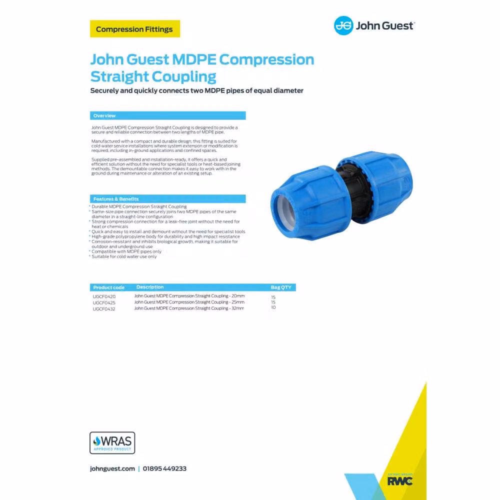 John Guest MDPE Compression Straight Coupling 25mm Pipe Joiner in Blue and Black – 2