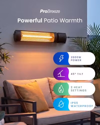 Pro Breeze Wall Mounted IP65 Waterproof Outdoor Halogen Infrared Patio Heater with Remote Control and 2 Heat Settings, Black – 2