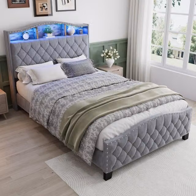 Aosom UK Grey Velvet Upholstered Double Bed with Built-in Bedside Storage and LED Lighting, H 124 x W 140.5 x D 210 cm