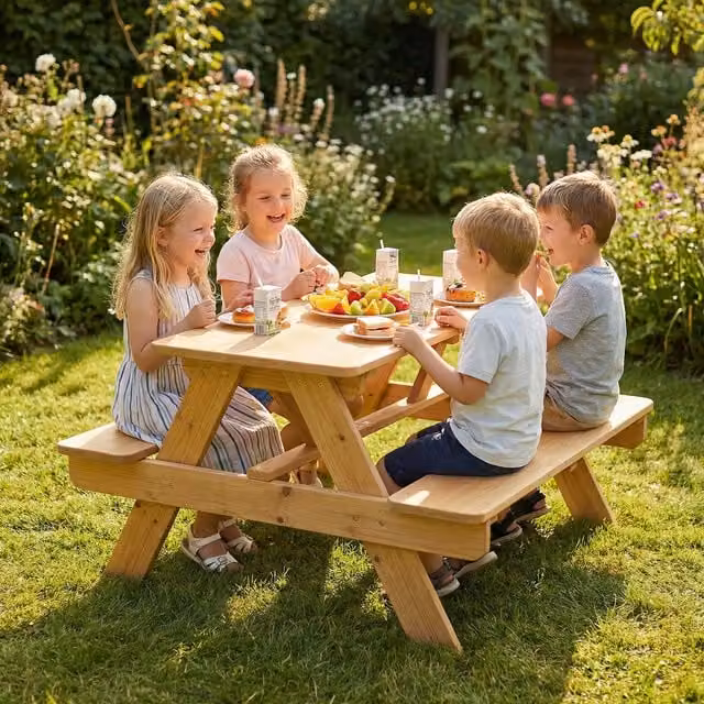AIYAPLAY Kids Outdoor Wooden Picnic Table and Bench Set in Natural Brown