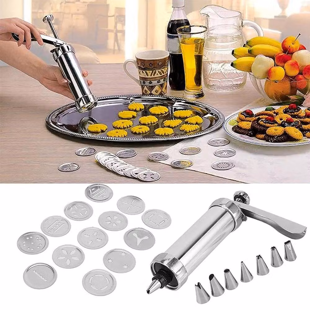 FLAVORA 22-Piece Cookie Press and Cake Decorating Kit in Metallic Silver – 2