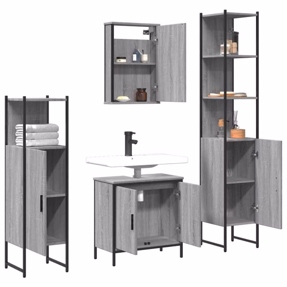 Berkfield Home 4 Piece Grey Bathroom Furniture Set including Vanity Unit, Mirror Cabinet and Tall Cabinet – 2