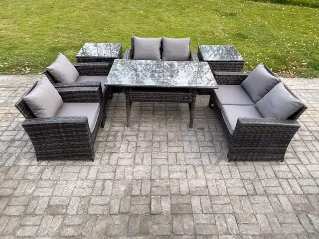 Fimous Rattan Garden Furniture Set in Dark Grey with Oblong Dining Table, Double Seat Sofa and 2 Side Tables