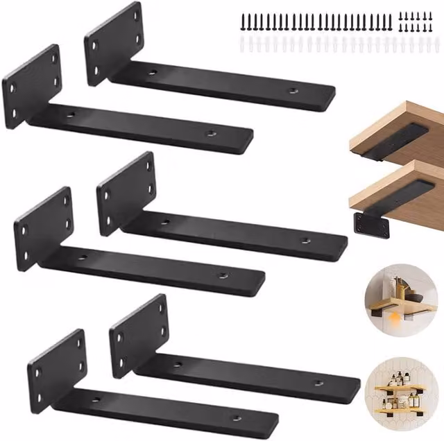 SPETLEK Pack of 6 Heavy Duty Steel Floating Shelf Brackets, Black, 15 cm