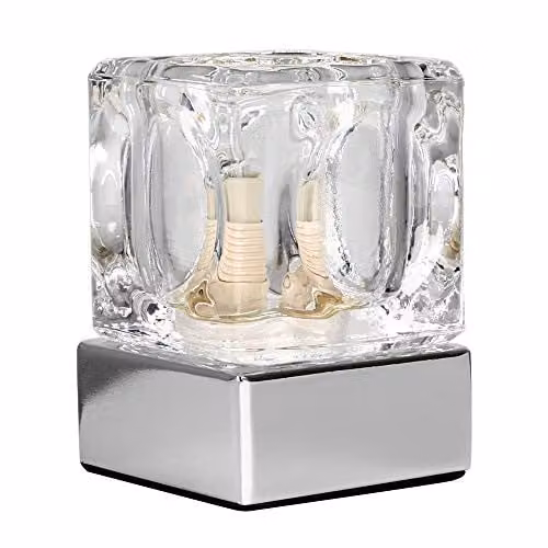 ValueLights Cube Modern Glass Table Lamp with Chrome Base, Dimmable Touch Control, Silver and Transparent