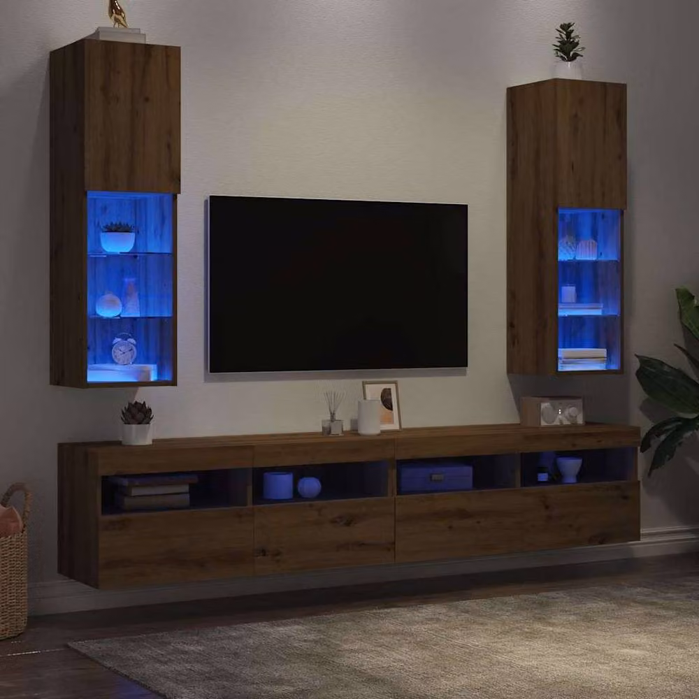 Berkfield Home Set of 2 Artisan Oak TV Cabinets with LED Lights in Brown, W/D/H: 30.5 x 30 x 102 cm – 4