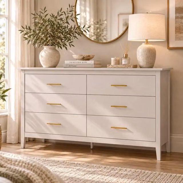 Merax Modern 6 Drawer Chest of Drawers Wide Bedroom Storage Cabinet in Beige