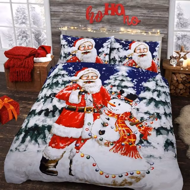 Velosso Santa Xmas Lights Red Printed Cotton Rich Duvet Cover and Pillowcase Set, W/D/H: 200 x 200 cm and 50 x 75 cm