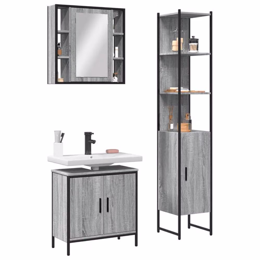 Berkfield Home 3 Piece Grey Bathroom Cabinet Set with Mirror Cabinet, Vanity Unit and Tall Cabinet – 1