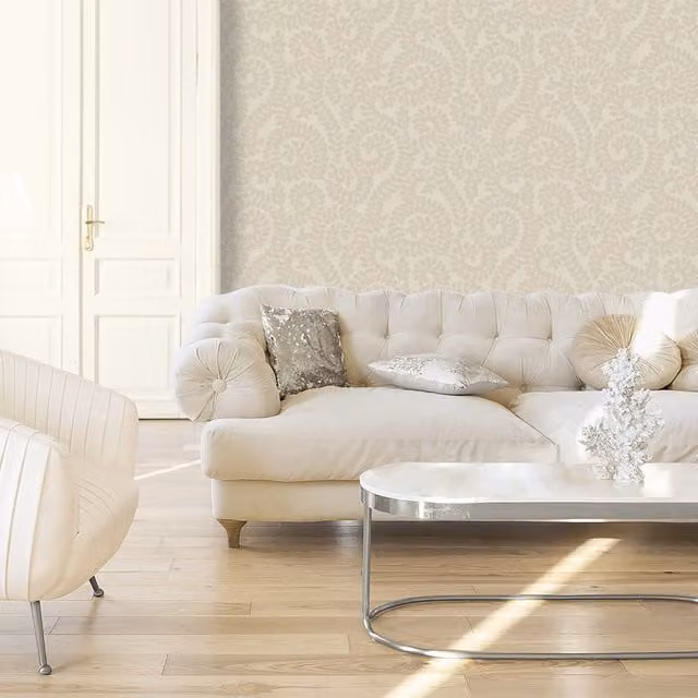Belgravia Decor Valentino Leaf Textured Wallpaper in Cream, Yellow and Beige