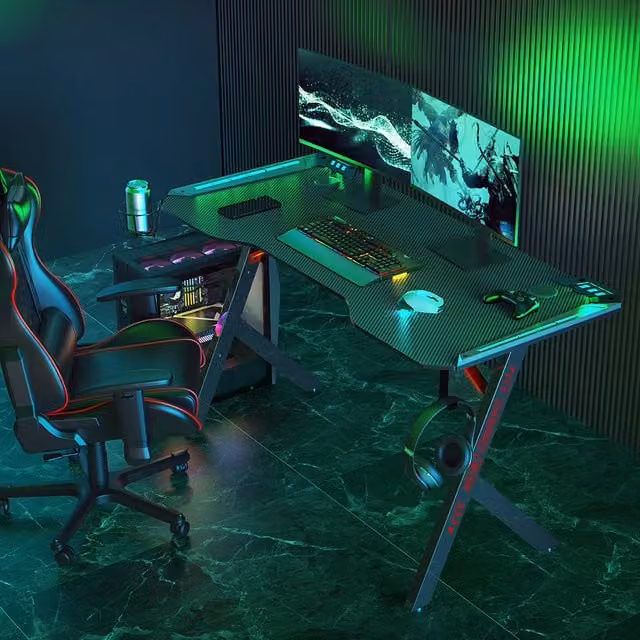 Neo Modern Gaming Desk with LED, Cup Holder, Headphone Hook and Cable Management in Black