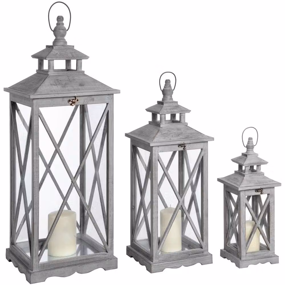 Wyld Haus Set of Three Grey Wooden Tabletop Lanterns with Glass Panels and Rustic Cross Frame Design – 2