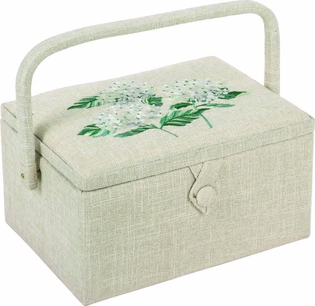 HG Sewing Box with Hydrangea Embroidered Lid in White and Green