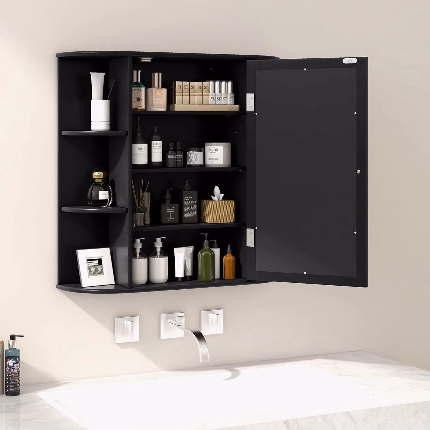 Gymax Black Mirrored Wall Mounted Medicine Cabinet with Adjustable Internal Shelves and Hinged Glass Doors – 5