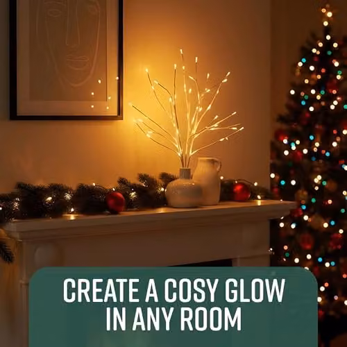 Globrite 2 Pack White LED Twig Branch Lights with Warm White Decorative Willow Branches, Battery Powered Christmas Decorations – 2