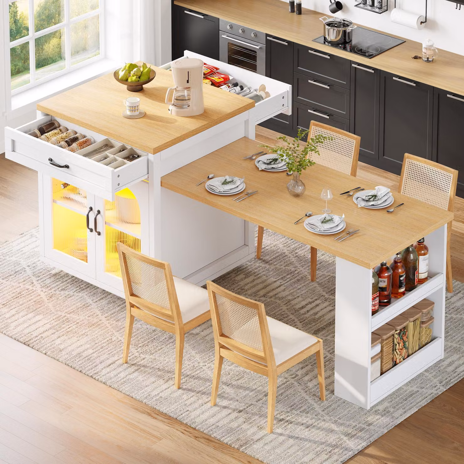 Aosom UK Extendable Kitchen Island with App-Controlled RGB Lighting and Storage Cabinet, White, W: 126-196 cm, D: 59 cm, H: 94 cm – 6