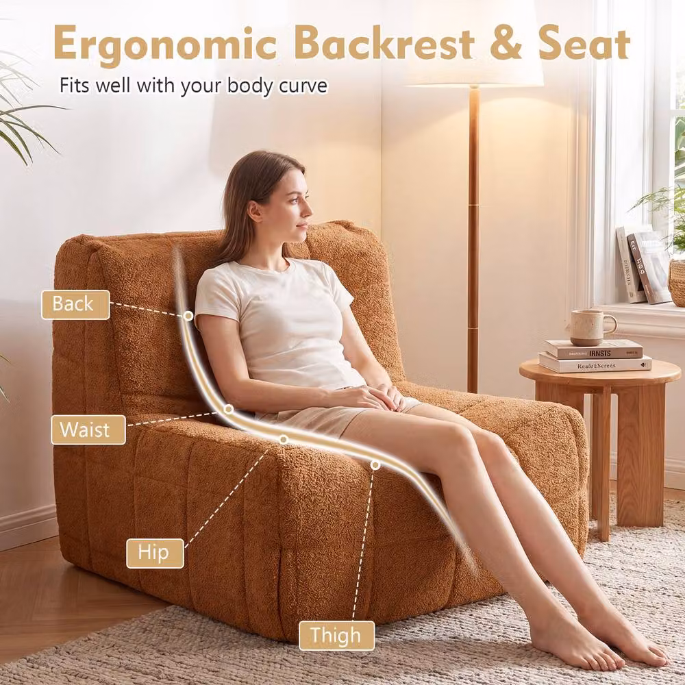 Costway Brown Bouclé Fabric Bean Bag Chair, Comfy Armless Upholstered Lounge Floor Sofa – 4