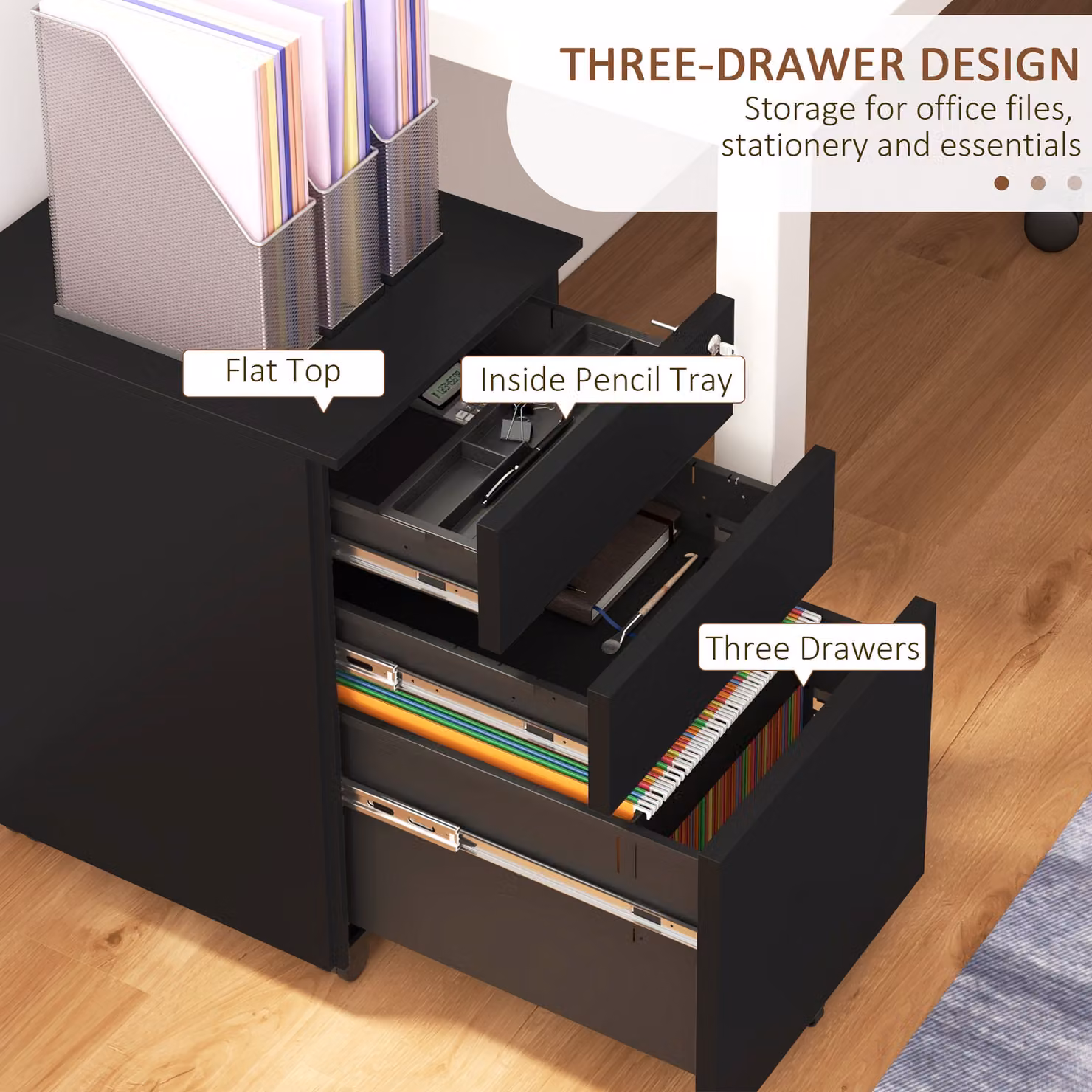 Vinsetto Black Steel 3-Drawer Mobile Vertical Filing Cabinet with Lock and Pencil Tray for A4 and Legal Size Documents – 4
