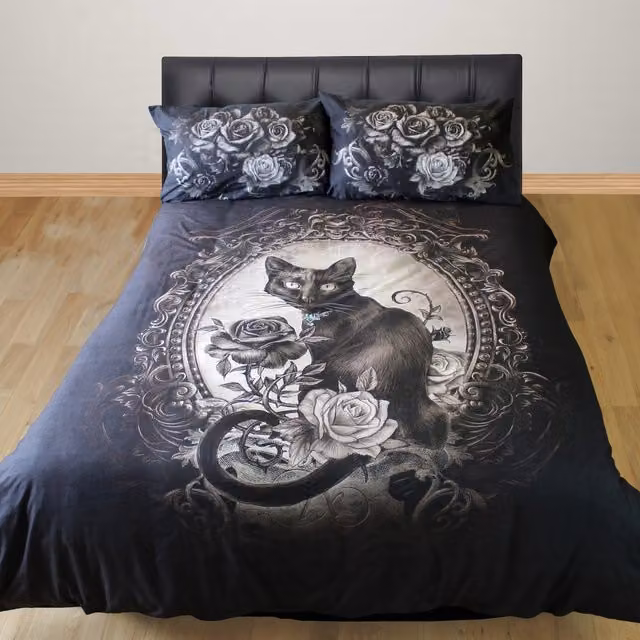 Alchemy Paracelsus Gothic Rose Cat Duvet Cover and Pillowcase Set, Black, W/D/H: 200 x 200 cm and 50 x 75 cm