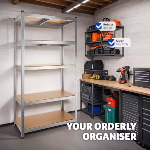 tectake 5-Tier Heavy-Duty Shelving Unit with Galvanised Steel Frame and Adjustable MDF Shelves, Silver, W: 90 cm, D: 40 cm, H: 180 cm – 5