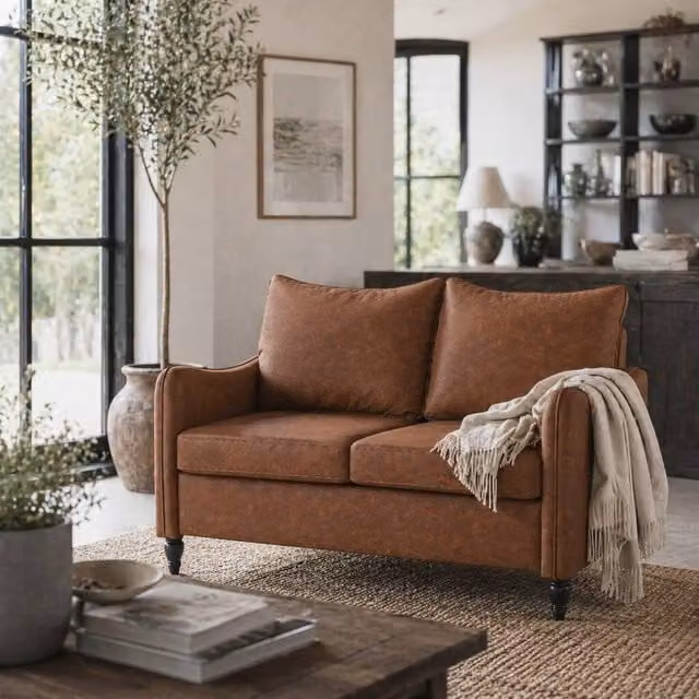 Wyld Haus Mipa 2 Seater Sofa in Brown Faux Leather with Marble Effect