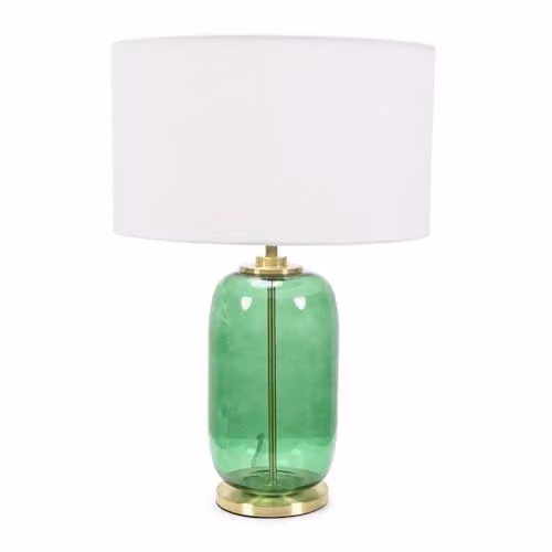 ValueLights Forest Green Glass and Gold Table Lamp with White Fabric Drum Shade and Bulb Included
