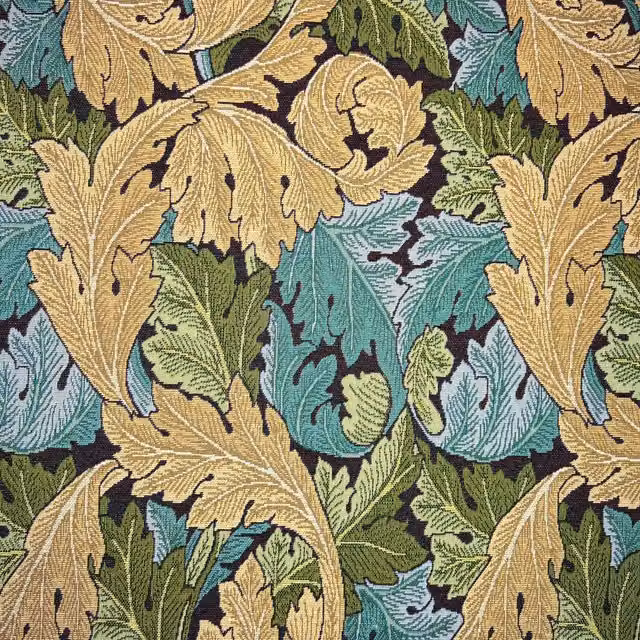 William Morris Acanthus Tapestry Fabric in Ebony, Black, Petrol, Blue and Multicolour