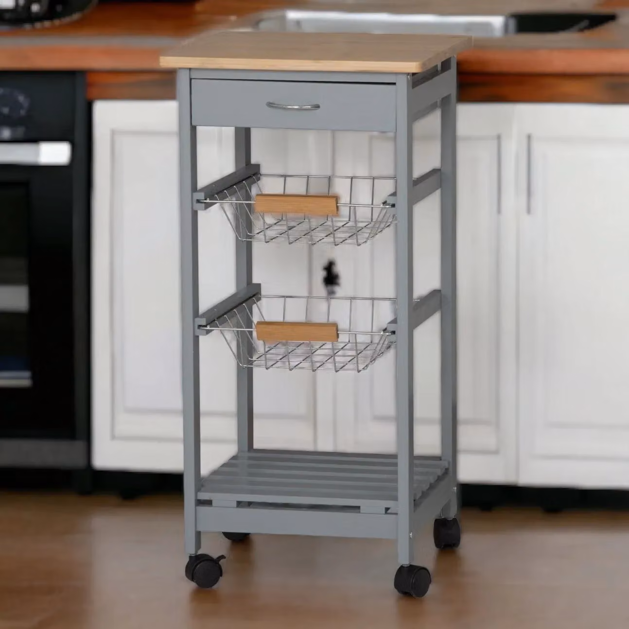 EONLION 3 Tier Portable Kitchen Trolley with Bamboo Top and MDF Drawers in White, W/D/H: 75 x 37 x 37 cm – 2