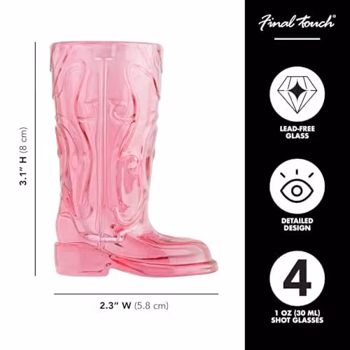 Final Touch Pink Horseshoe Boot Shot Glass Set with 4 x 30 ml Cowgirl Boot Glasses and Horseshoe Serving Tray – 3