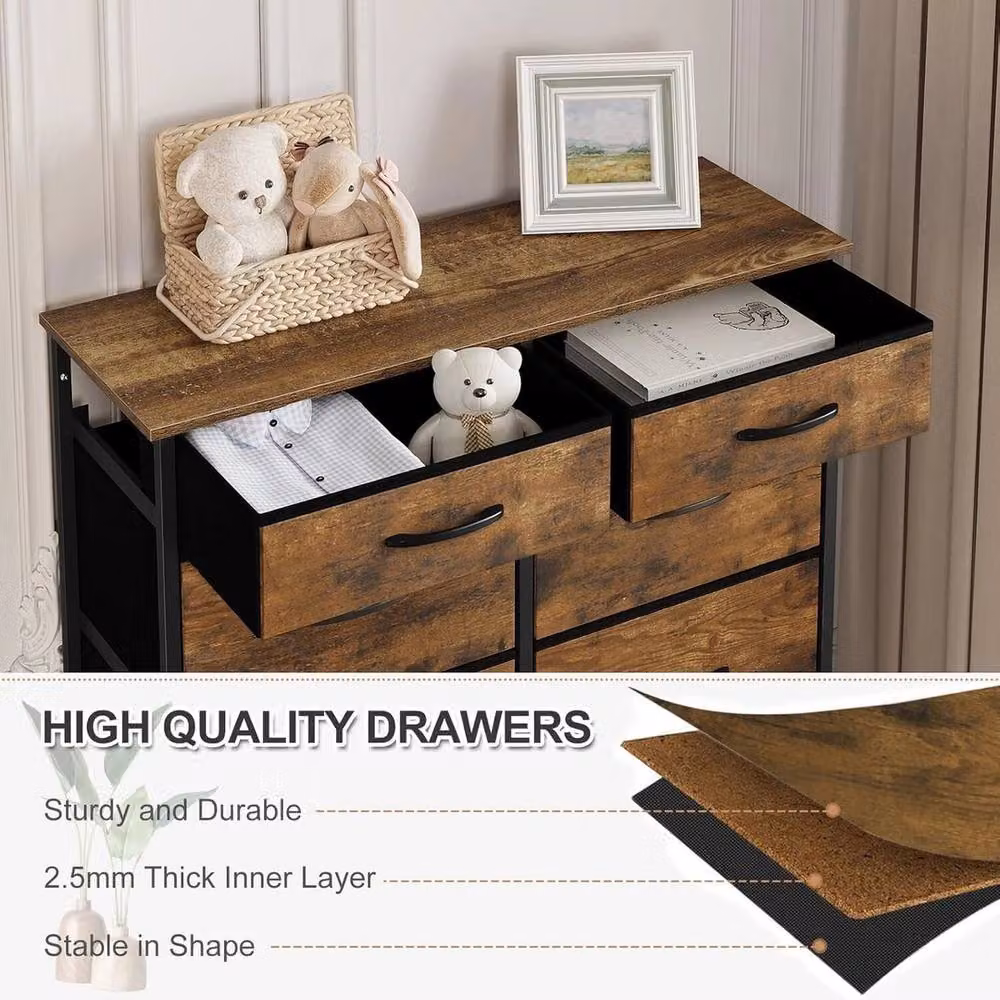 FORGEVIO Vintage 8-Drawer Chest with Metal Frame and Fabric Drawers in Brown and Multicolour – 4
