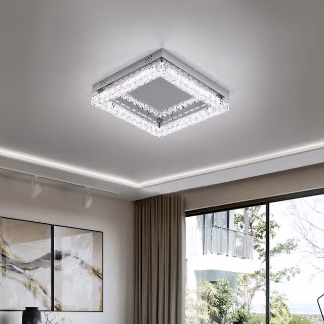 Komore Modern Square LED Crystal and Stainless Steel Ceiling Light in Silver