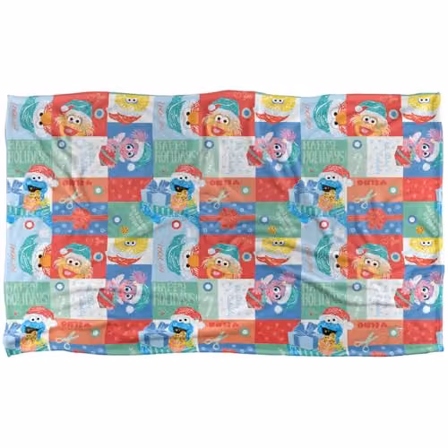 LOGOVISION Sesame Street Happy Holiday Squares Pattern Super Soft Silky Feel Fleece Blanket, Multicolour