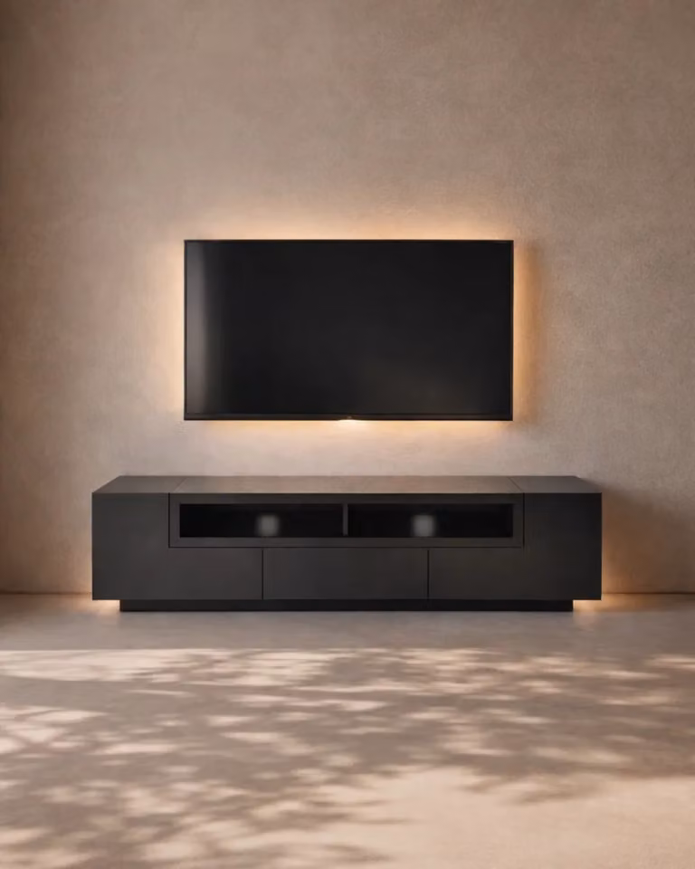 Tommy Franks Soriano Modern Glossy Black Wood TV Unit with Integrated Lighting W/D/H: 165.0 x 45.0 x 45.0 cm