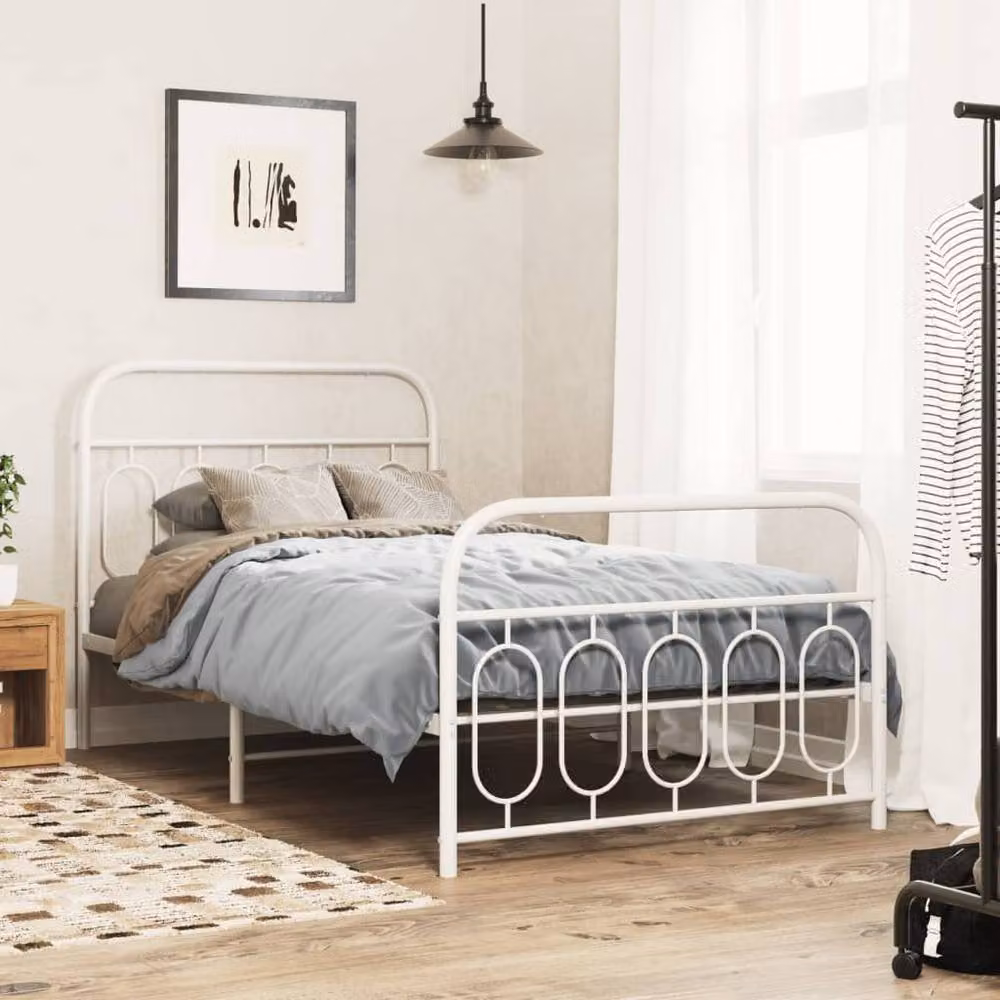 Berkfield Home Metal Bed Frame with Footboard, White, W: 107 cm, D: 207 cm – 2