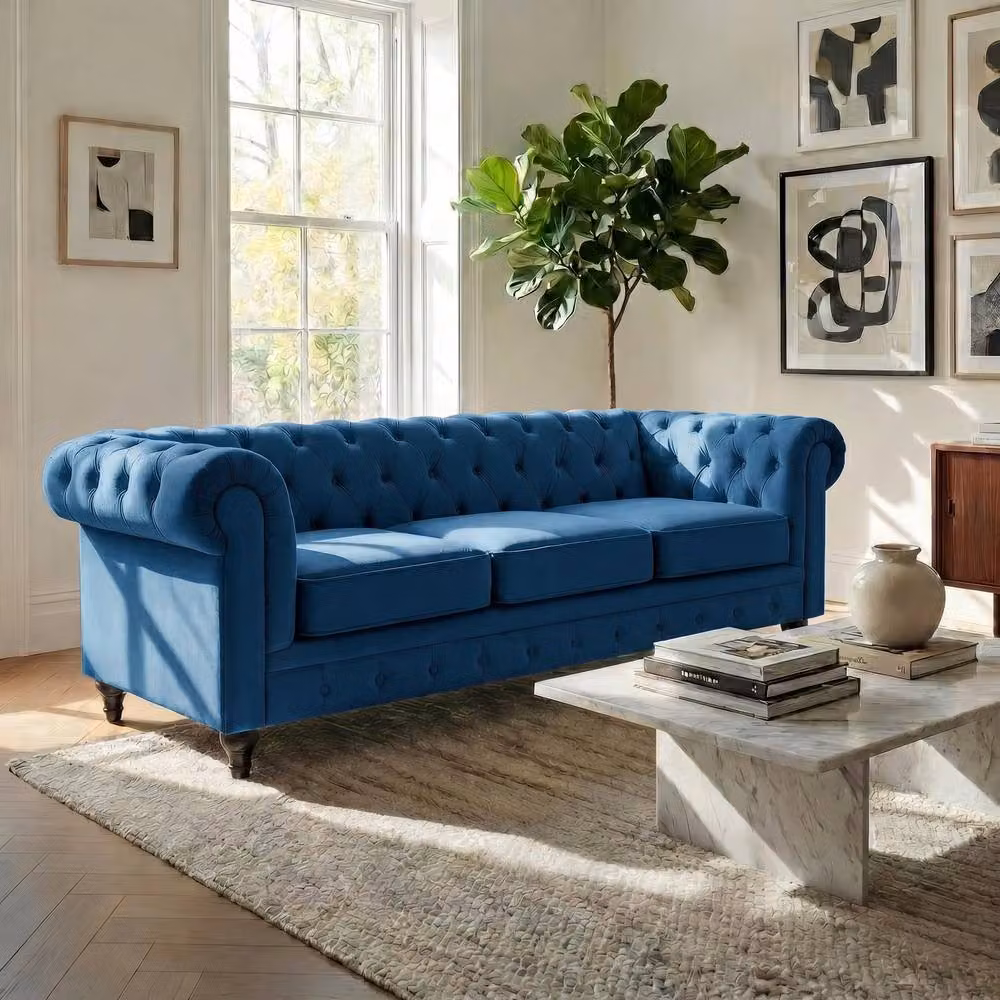 Bravich LTD Chesterfield Scroll Arm Velvet Sofa Set in Navy Blue, 2 Pack – 3