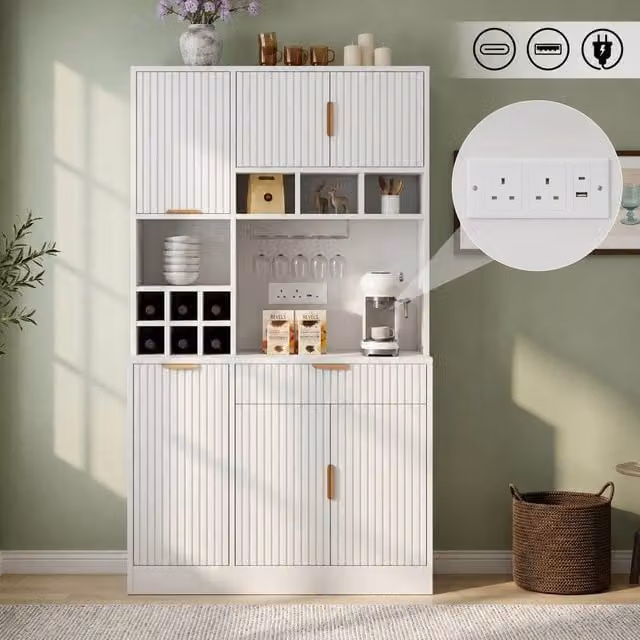 Rolipo White Tall Dining Room Sideboard with Power Outlets and Wine Rack, H: 175 cm, W: 100 cm, D: 40 cm – 1