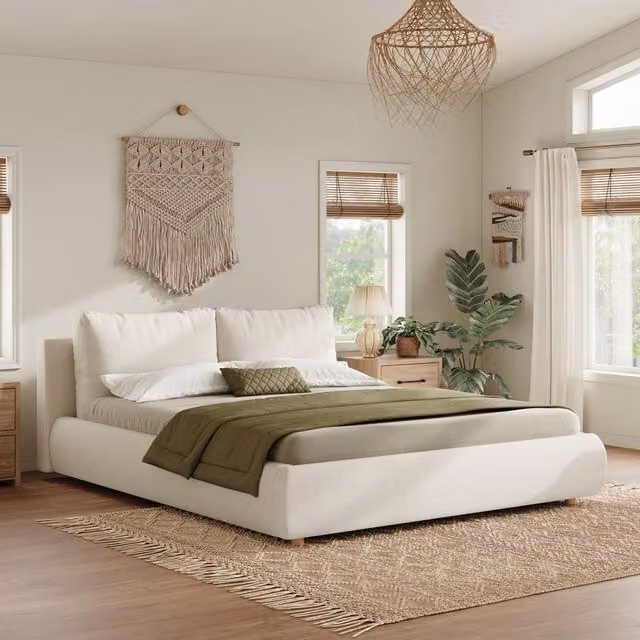 Merax White Bouclé Fabric Upholstered Double Ottoman Storage Bed Frame with Lift Up Base