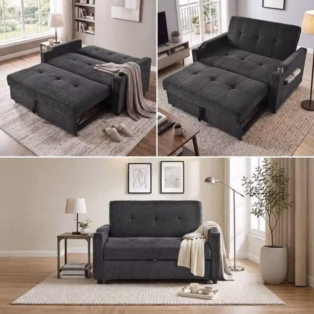 Merax 2-Seater Pull-Out Fabric Sofa Bed with Cup Holders and USB Charging in Grey, W/D/H: 173 x 41 x 58 cm