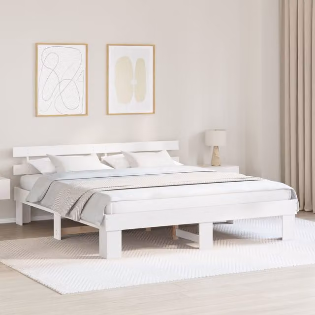 Berkfield Home White Lacquered Solid Pine Bed Frame with Headboard W: 180 cm, D: 200 cm