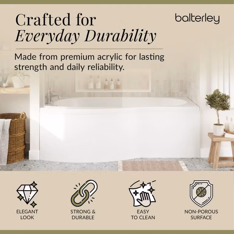 Balterley D-Shaped Left Hand Bath Set in White with Acrylic Panel, Screen and Rail, W/D/H: 170 x 90 x 3 cm