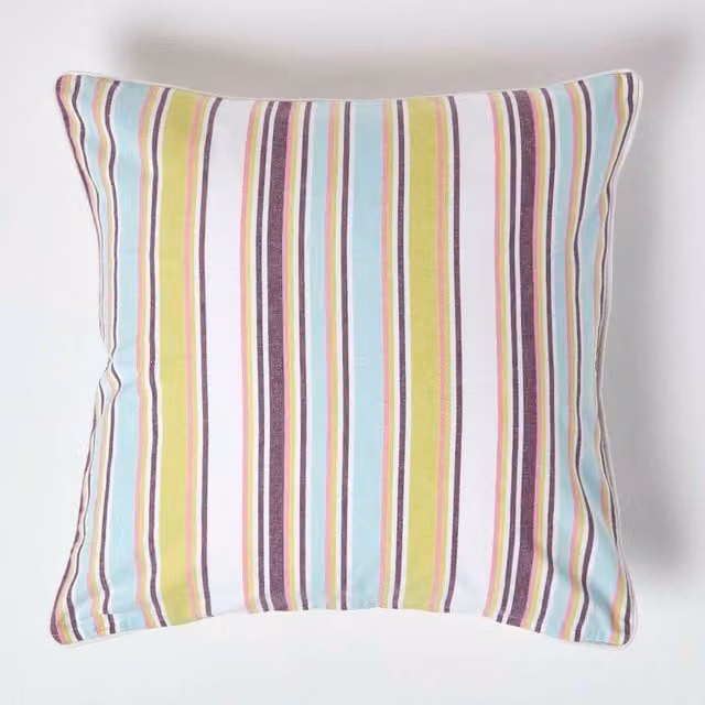 Homescapes Osaka Green Striped Cotton Square Cushion Cover, W: 60 cm