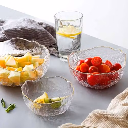 Eden & Willow Hammered Glass Serving Bowl with Gold Rim, Transparent, Medium – 7