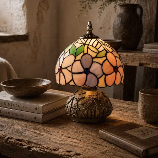 Wyld Haus Pink Tiffany Dragonfly Table Lamp with Bronze-Tone Base