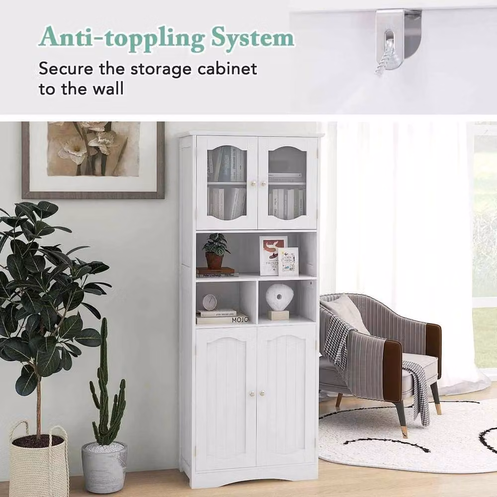 VOGREX White Narrow Freestanding Bathroom Storage Cabinet with Glass Doors and Internal Shelves – 4