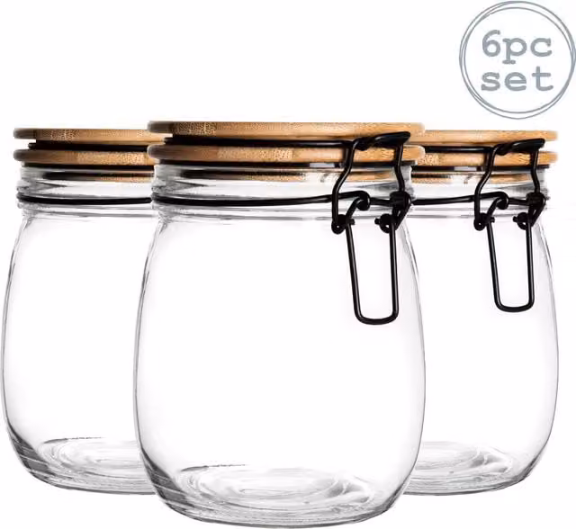 Argon Tableware Set of 6 Transparent Glass Storage Jars with Black Clip Lids and 0.75 l Capacity