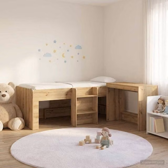 Berkfield Home Kids High Bed Frame with Desk, 2 Piece Set in Artisan Oak Brown – 1