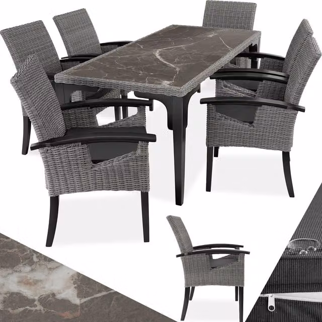 tectake Foggia Grey Polyrattan Garden Table and 6 Chairs Set with Marble Top