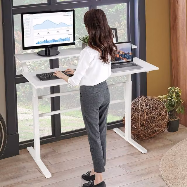 Costway 2-Tier Height Adjustable Sit to Stand Computer Desk with Manual Crank in White – 1